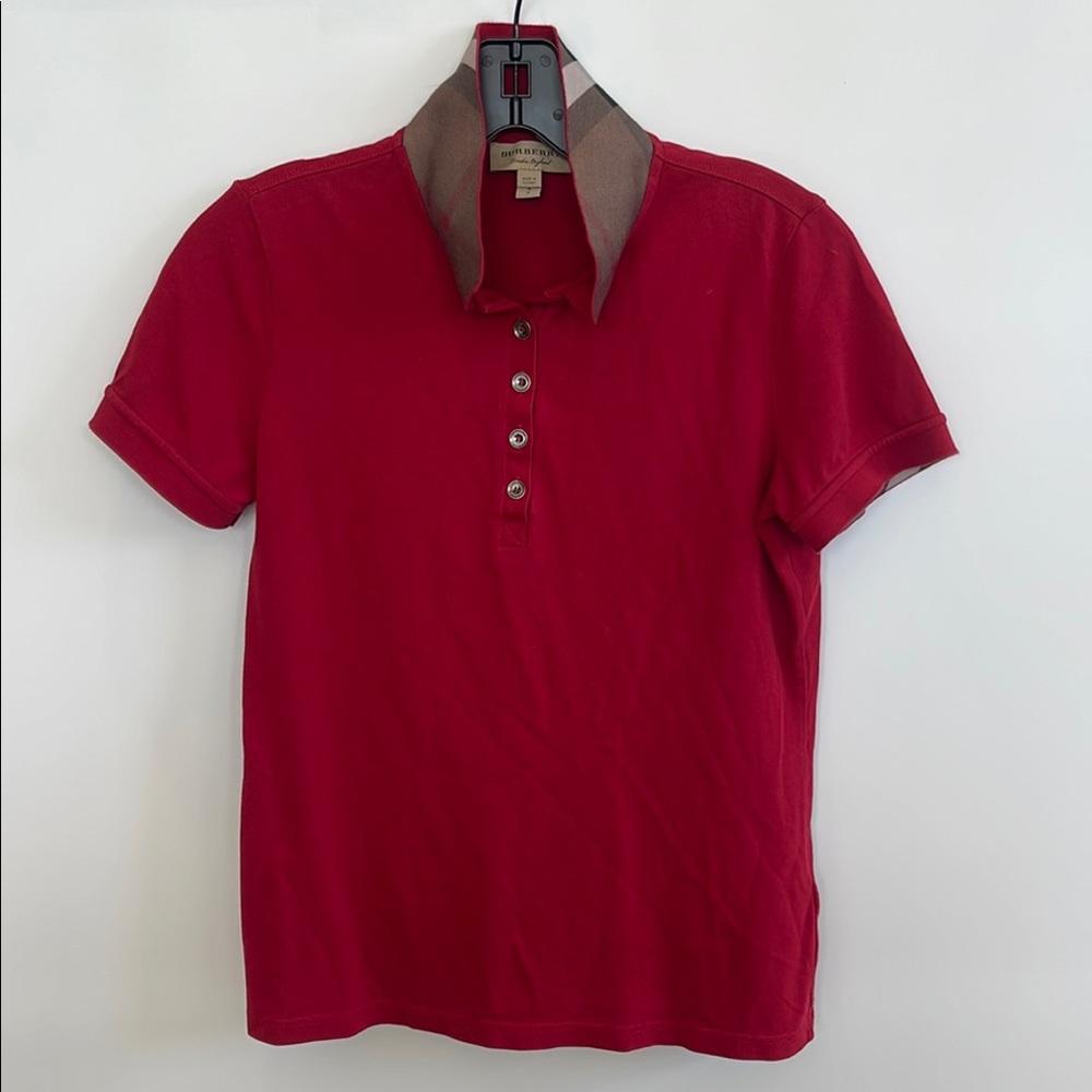Burberry Red Polo Shirt Nova Check Collar Short Sleeve Size S Petite